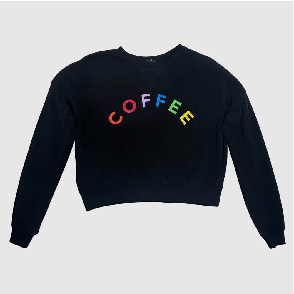 Fifth Sun Womens Black Cropped Sweatshirt Coffee Rainbow Graphic Pullover S
